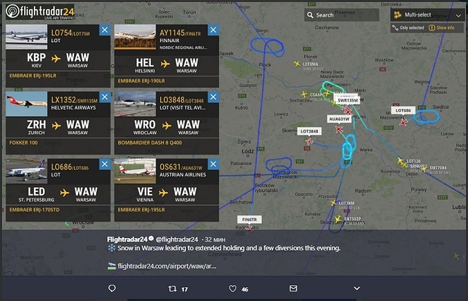 Авиапилоты налетали над Варшавой порядочных зигзагов. Фото: flightradar24.com.