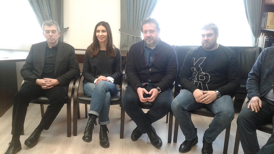 Слева направо: продюсер фильма «Сердце Пармы» Игорь Толстунов, продюсер Дарья Лаврова, режиссер Антон Мегердичев, продюсер и актер Филипп Брусникин.