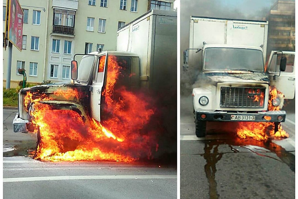 В центре Минска сгорел грузовик. Фото: www.instagram.com/dembovskij_live