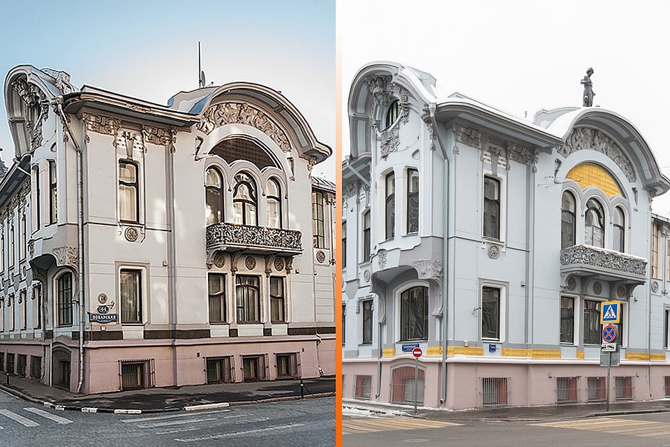 Дом Миндовского в советское время лишился скульптуры на крыше (фото слева). И только в прошлом году ее вернули на место (снимок справа). Фото ГлавУпДК при МИД России.