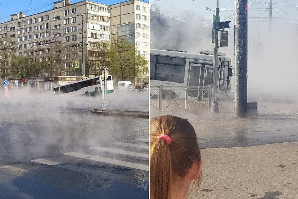 Из-за прорыва трубы автобус провалился в кипяток. Фото: vk.com/spb_today