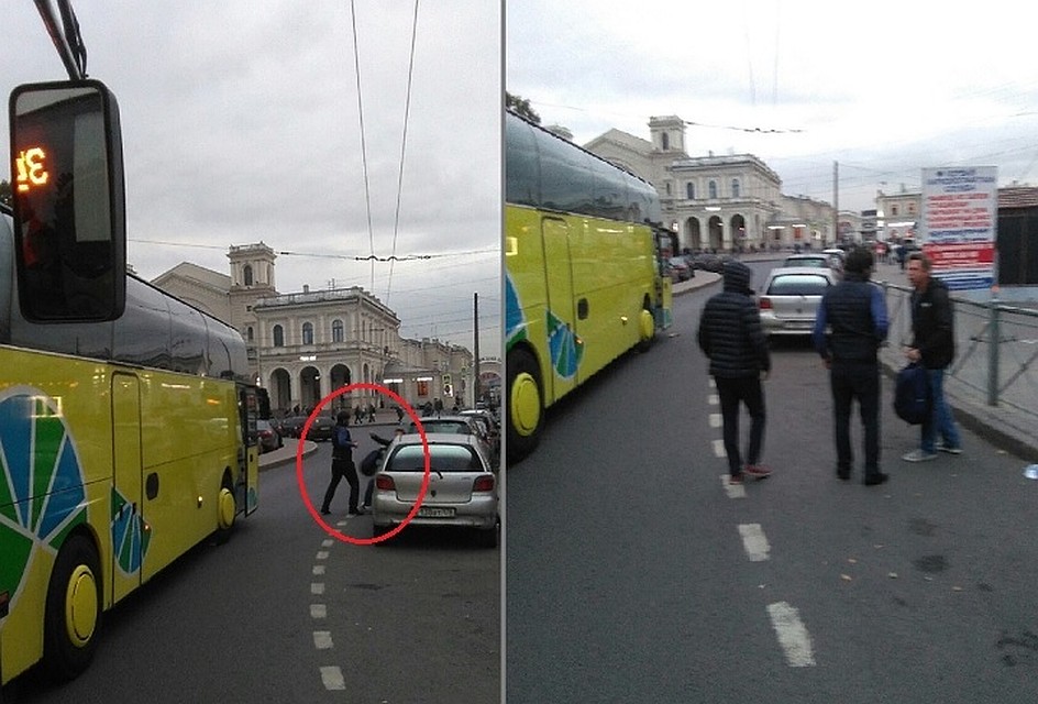 Сначала мужчины испинали троллейбус, а потом побили его пассажира. Фото: vk.com/spb_today