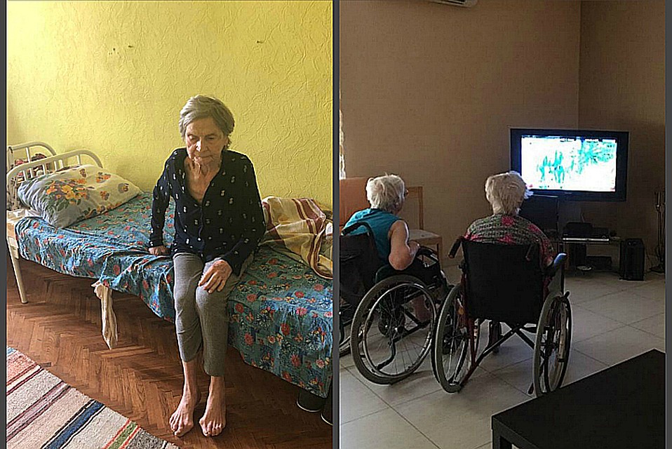 Слева Елена Андреевна в условиях реального пансионата, справа - виртуальная его картинка