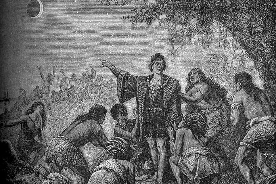 Колумб «возвращает туземцам Луну», старинная гравюра.