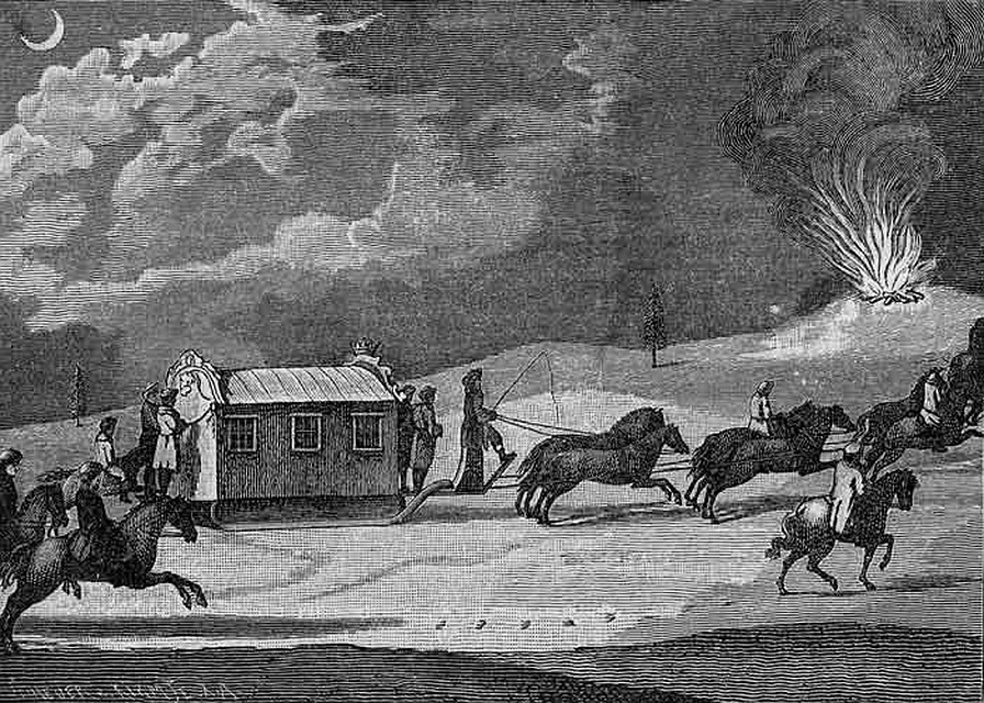 Возок Екатерины II, гравюра из книги Александра Брюкнера "Екатерина Вторая", 1883.