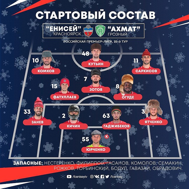 Забавнее всех выглядит единственный иностранец стартового состава, нигериец Фегор Огуде – в меховой шапке из лисы с хвостом. Фото: пресс-служба ФК "Енисей"
