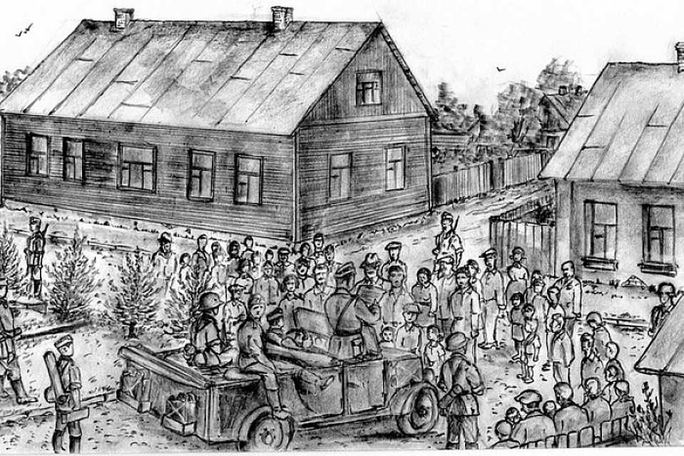 22 июня 1941 года, перекресток улиц Мицкевича и Менжинского. Оглашение первых немецких приказов. Дома, запечатленные на рисунке, сохранились. Рисунок Владимира Губенко.