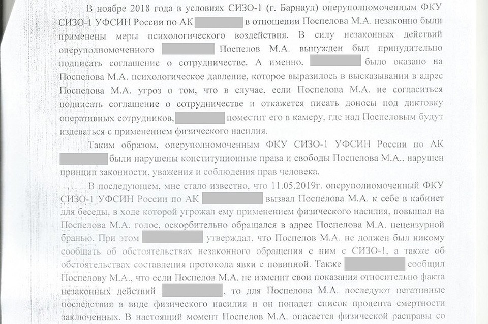 Фрагмент обращения Юлии Ивановой к Уполномоченному по правам человека в Алтайском крае. Документ предоставлен Юлией Ивановой