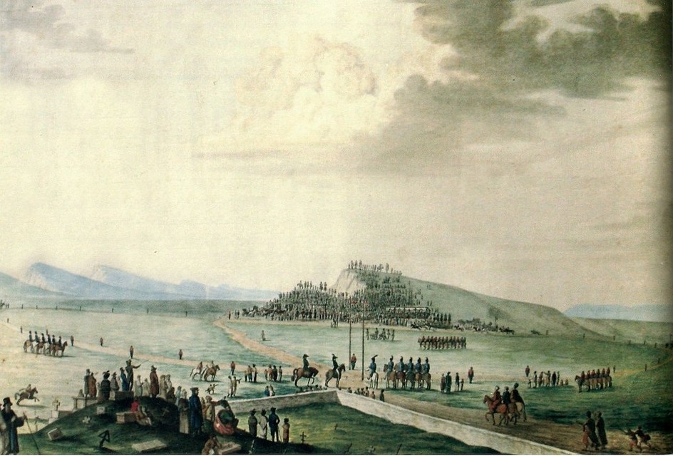 Акварель художника Ф.Гросса "Скачки в Симферополе" 1830-е года. В левом нижнем углу можно видеть заброшенное кладбище, предположительно располагавшееся неподалеку от железнодорожного вокзала. Фото: Иван КОСТОГРЫЗОВ