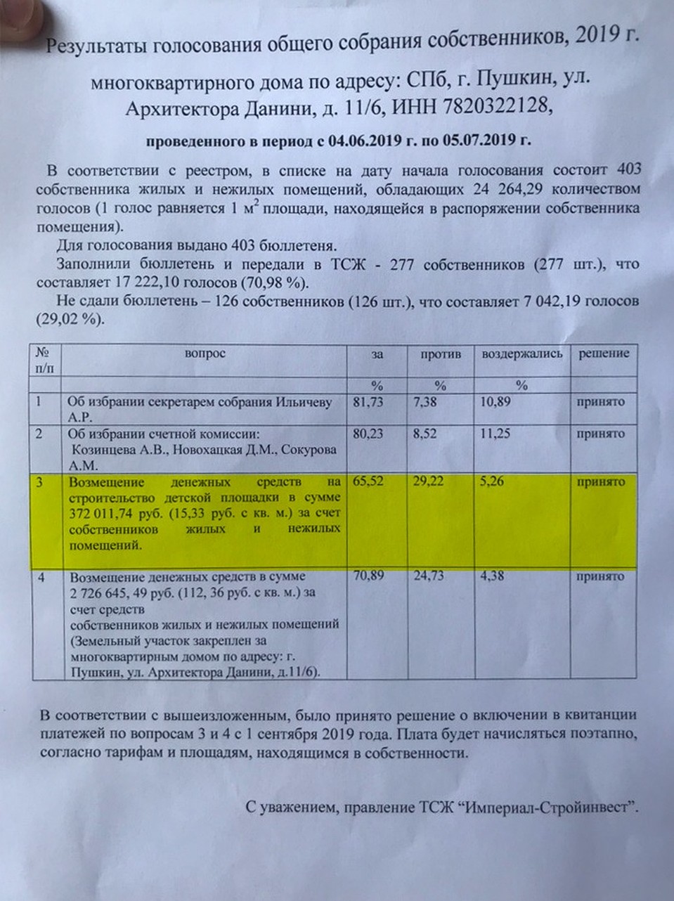 Решение ТСЖ о возмещении средств на строительство площадки. Фото: vk.com/pushkin_story.