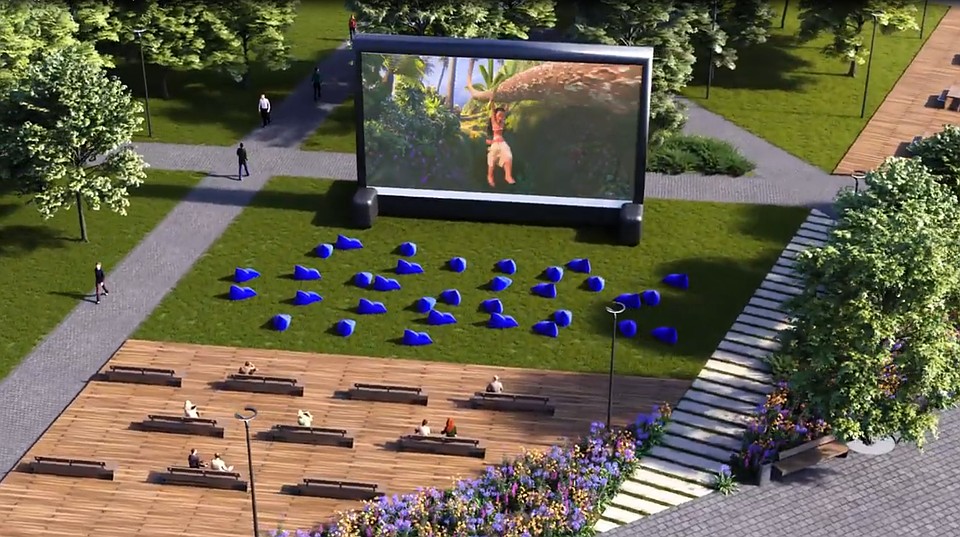 И даже летний кинотеатр! Скрин с видео 3D Визуализации проекта реконструкции эспланады в Перми.