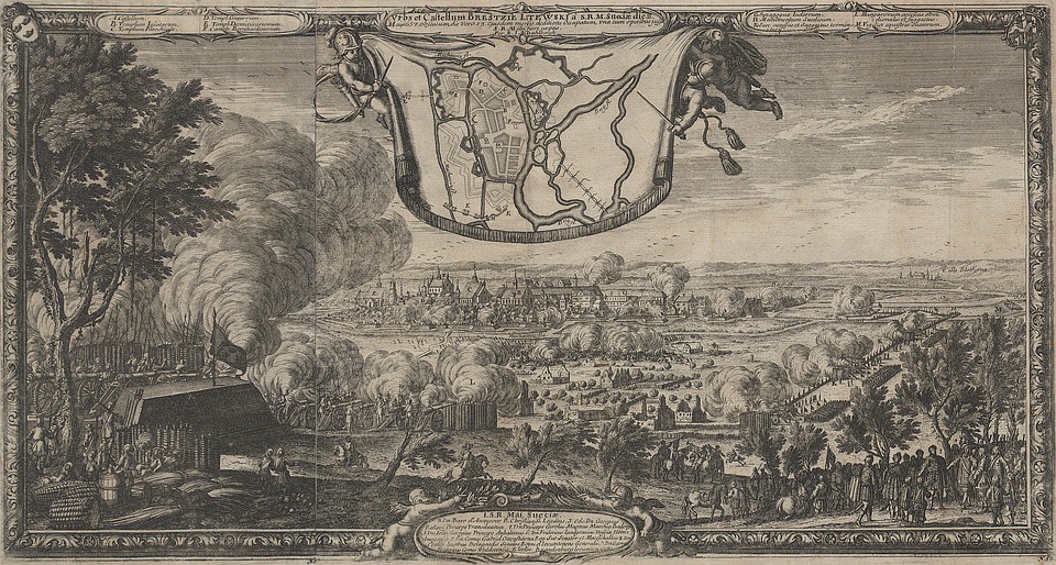 Город и Берестейский замок на гравюре Эрика Дальберга 1657 года. Это, пожалуй, единственное изображение города до его разрушения.