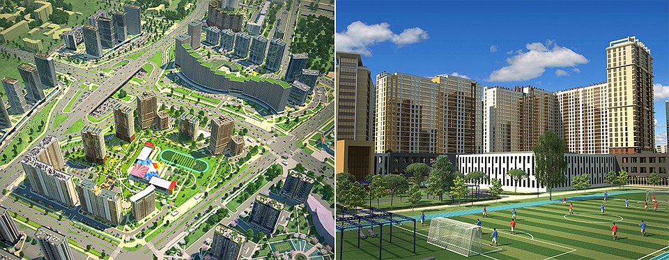Внутри квартала будет построена школа с огромным стадионом и спортивным городком.