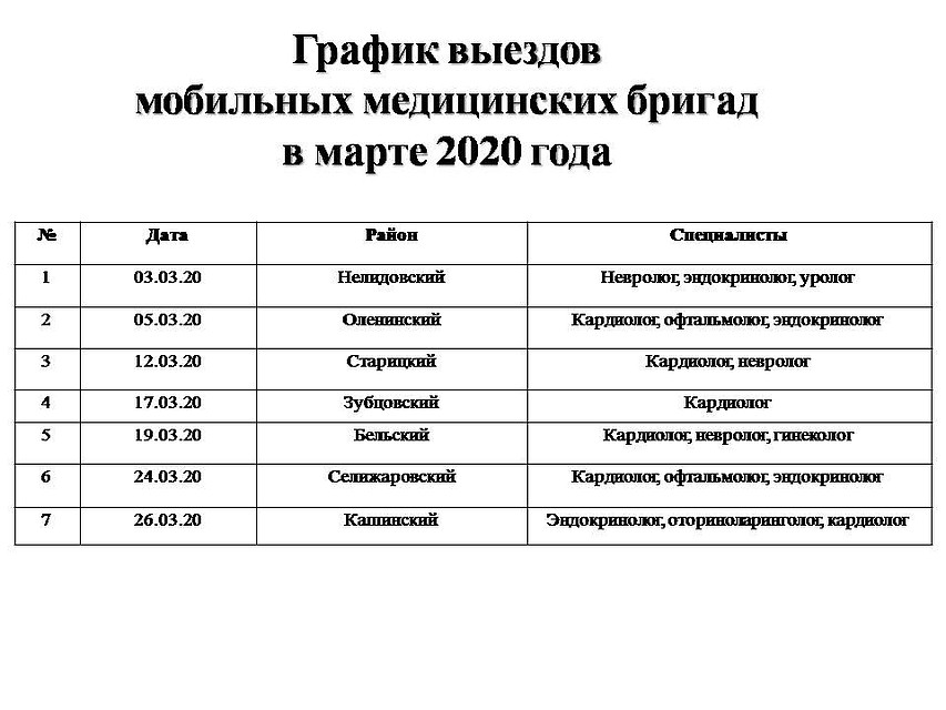 График выездов мобильных бригад Фото: областной Минздрав