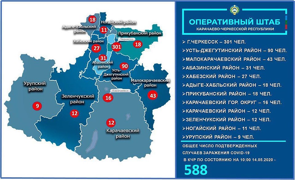 Карта распространения коронавируса в КЧР. Данные на 14 мая. Фото: оперштаб