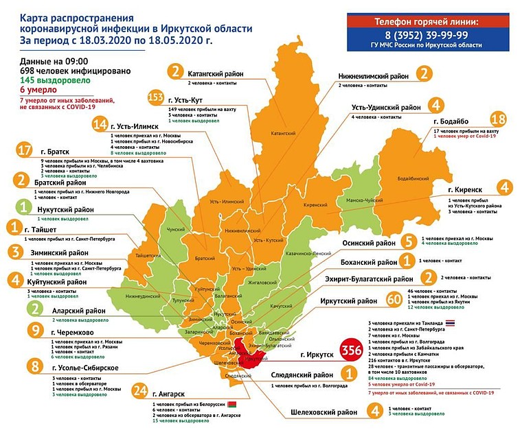 Карта распространения коронавируса в Иркутской области на 18 мая.