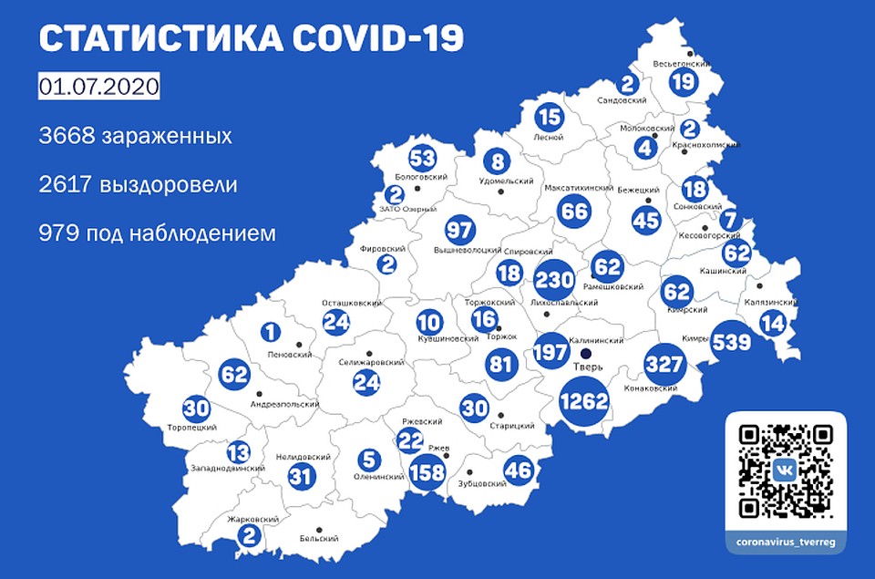 Карта распространения коронавируса в Тверской области на 1 июля. Графика: ПТО