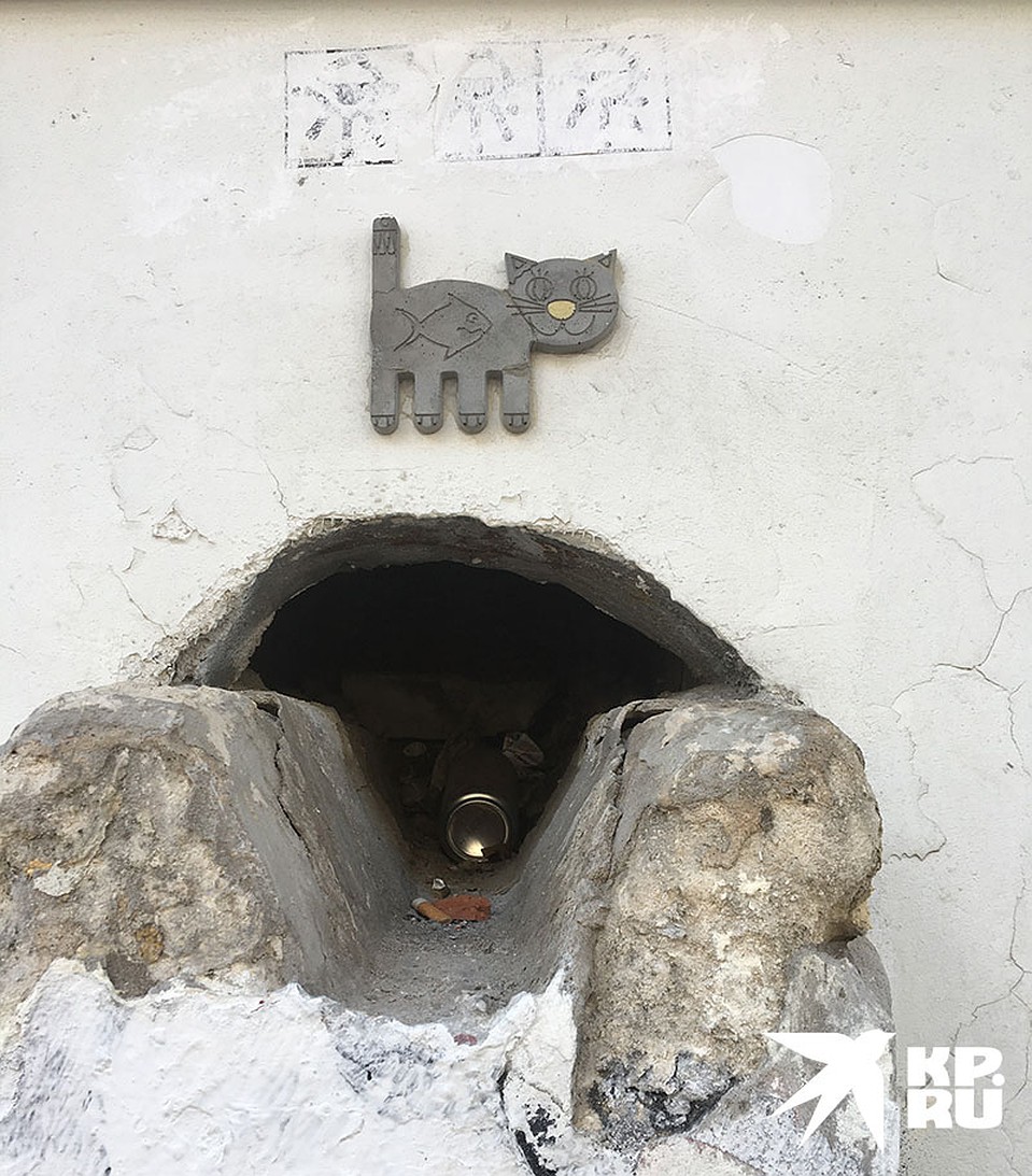 Не успел выйти из метро на Солянке, как увидел на стене здания по улице Забелина такое изображение котика, съевшего рыбку. Фото: Сергей СЕЛЕДКИН