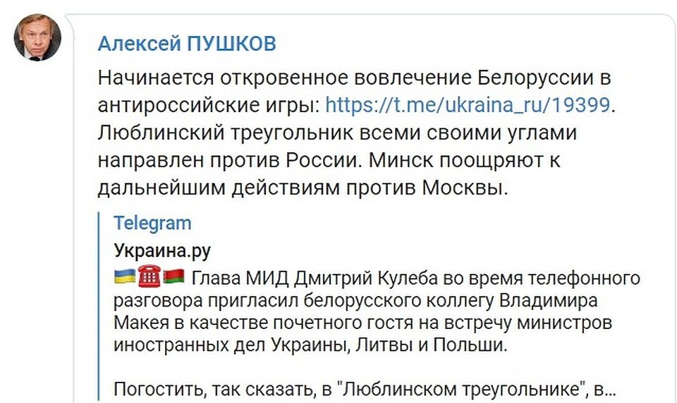 Алексей Пушков прокомментировал сообщение портала Украина.ру