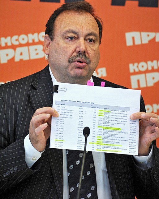 Геннадий Гудков демонстрирует списки дорогих авто и организаций, закупивших элитный транспорт на бюджетные деньги во время кризиса Фото: Иван ПРОХОРОВ