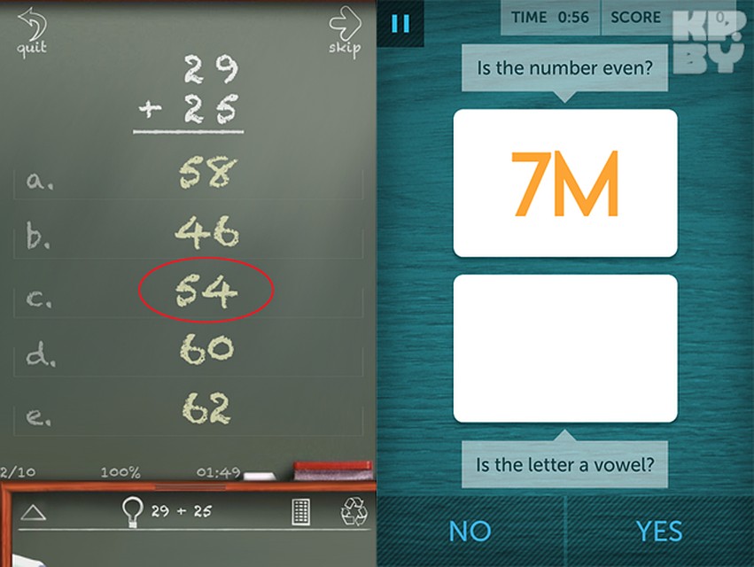 Через некоторое время мозг щелкает примеры из MathBoard (слева), как орешки! А Lumosity в одной из мини-игр предлагает выбирать «да», если сверху четная цифра или снизу гласная буква. И «нет», если цифра сверху нечетная, а буква снизу - согласная.