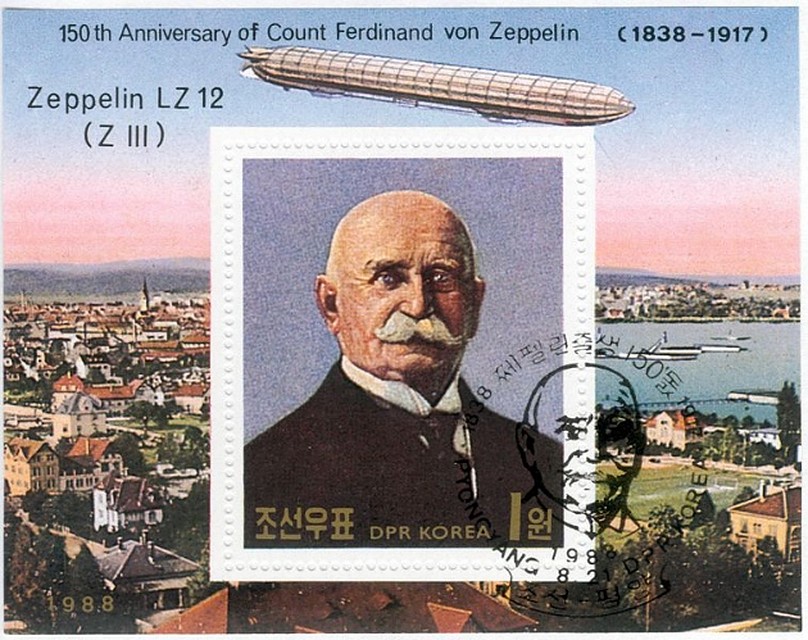 Почтовый блок КНДР 1988 года с изображением цеппелина LZ 12