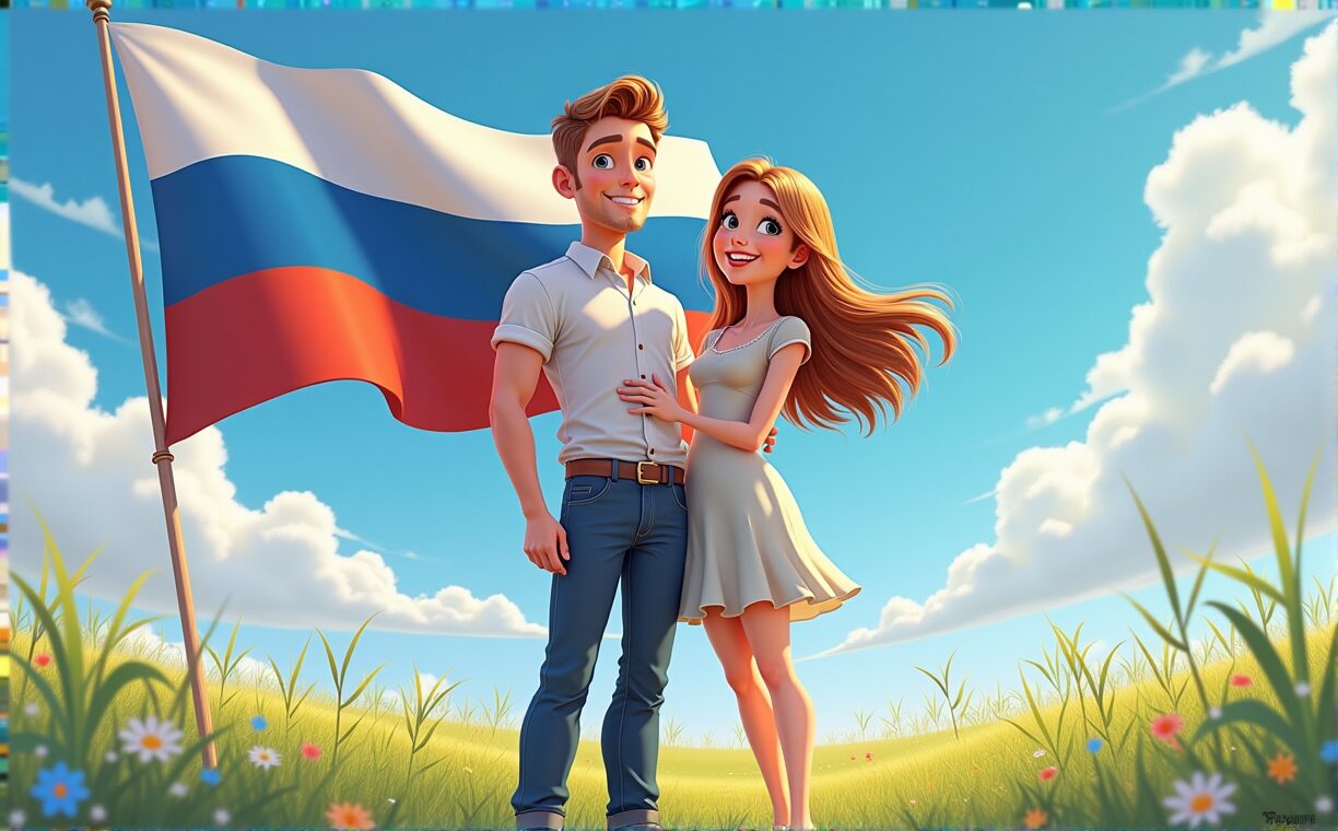 Пара с русским флагом стоит на поле