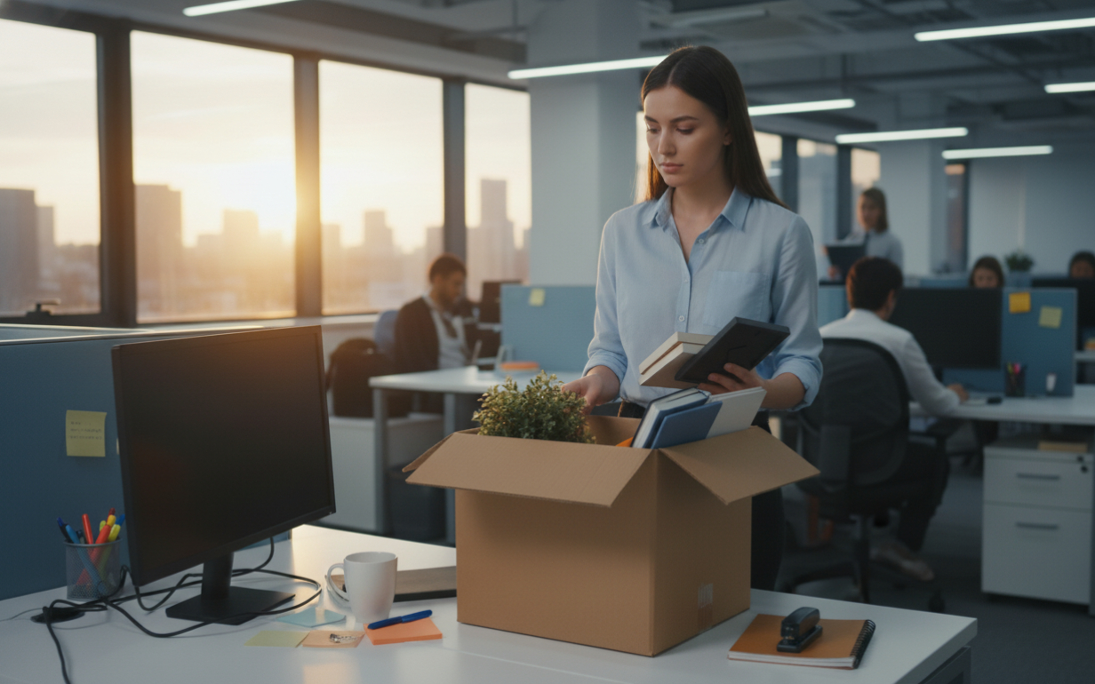 Девушка собирает вещи при увольнении