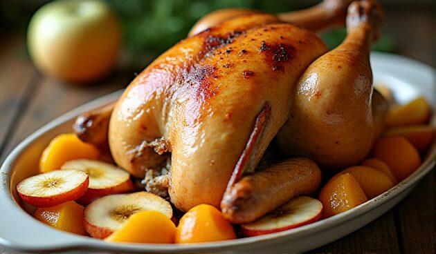 Запеченная курица с яблоками и апельсинами