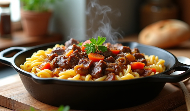 Лапша с тушенкой на сковороде