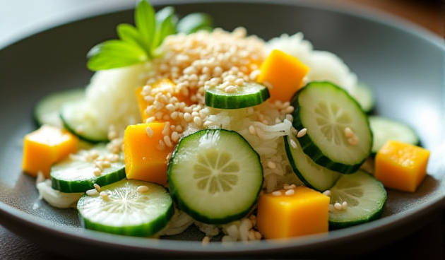 Салат с лонганом, манго и огурцом