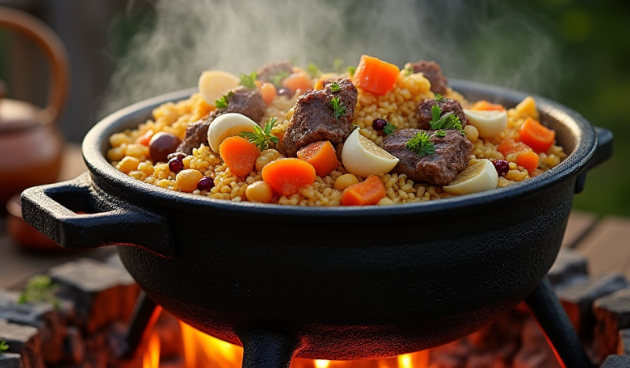 Узбекский плов в казане на костре