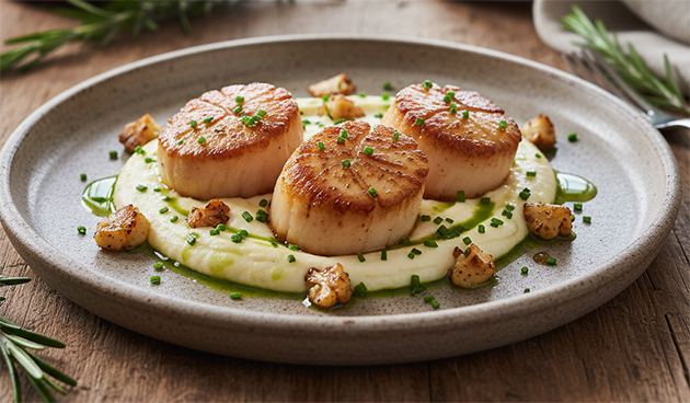 Морские гребешки с пюре из цветной капусты