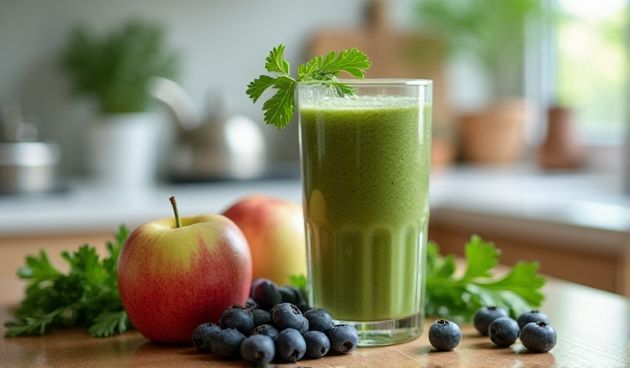 Смузи с яблоками, черникой, петрушкой и холодным зеленым чаем
