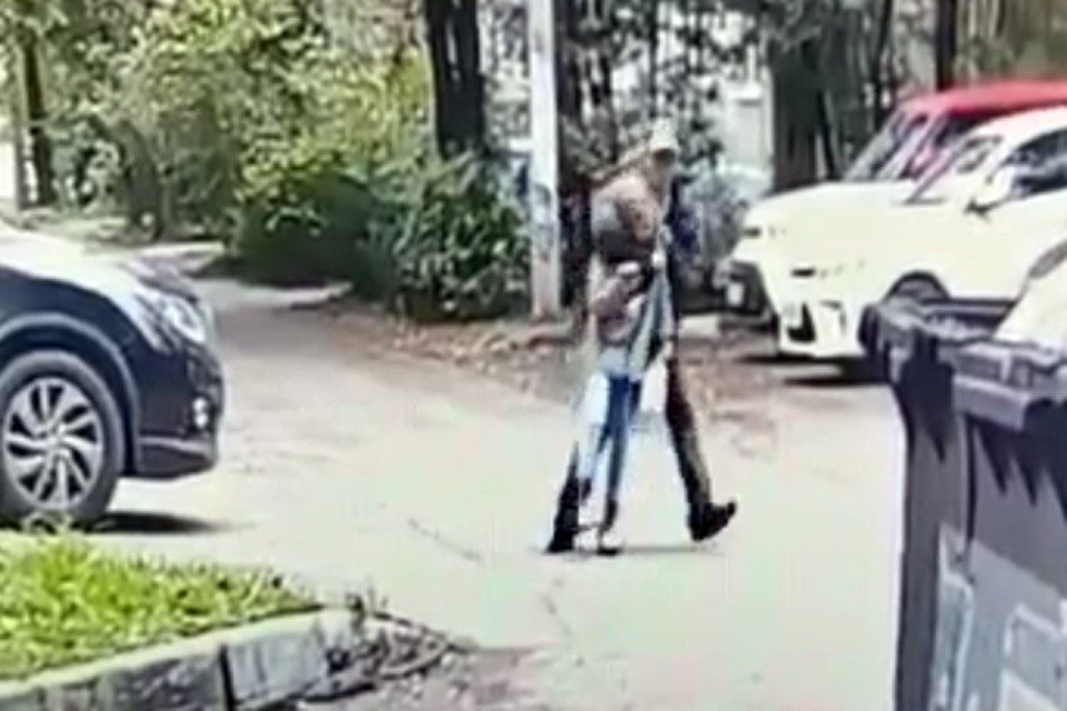 На кадрах хорошо видно, как здоровяк схватил ребенка за шею и потащил в сторону жилого дома