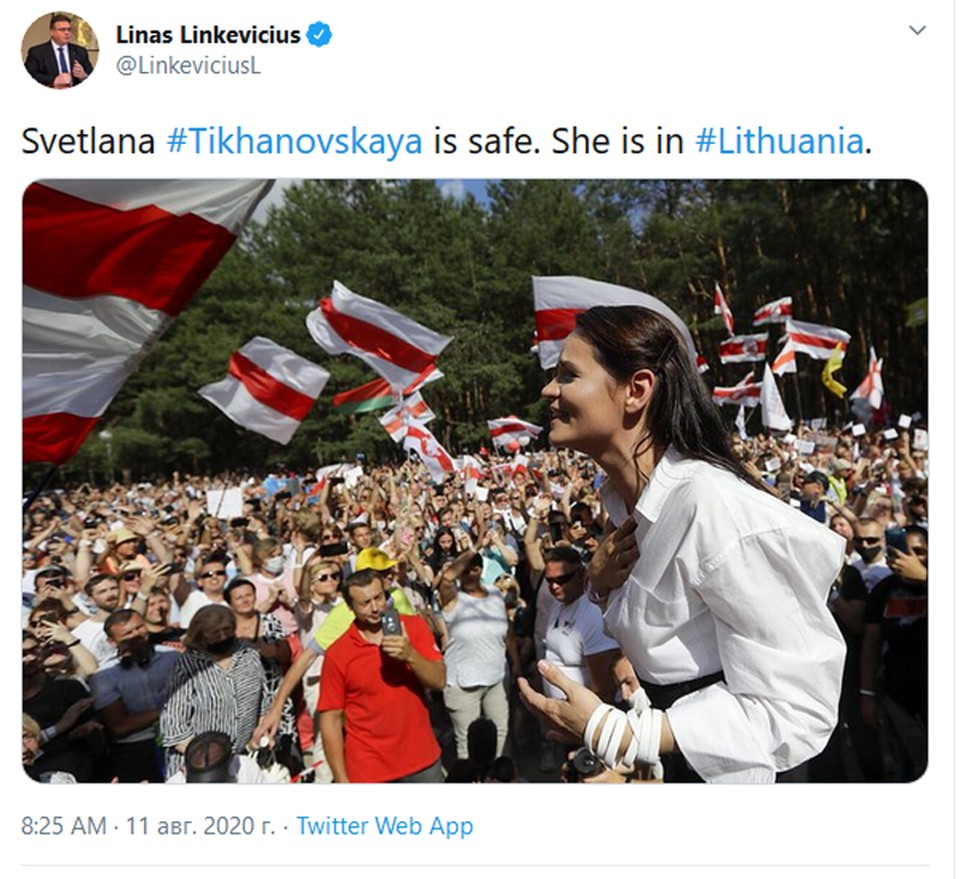 МИД Литвы сообщил, что Светлана Тихановская свободна