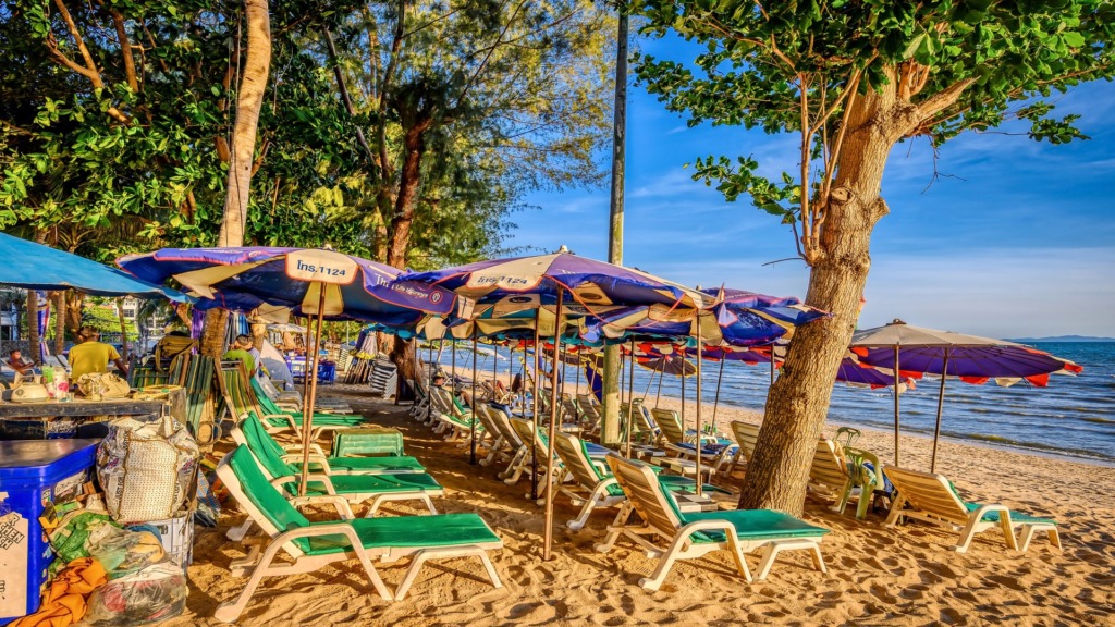 Лежаки между деревьями на пляже Донгтан.