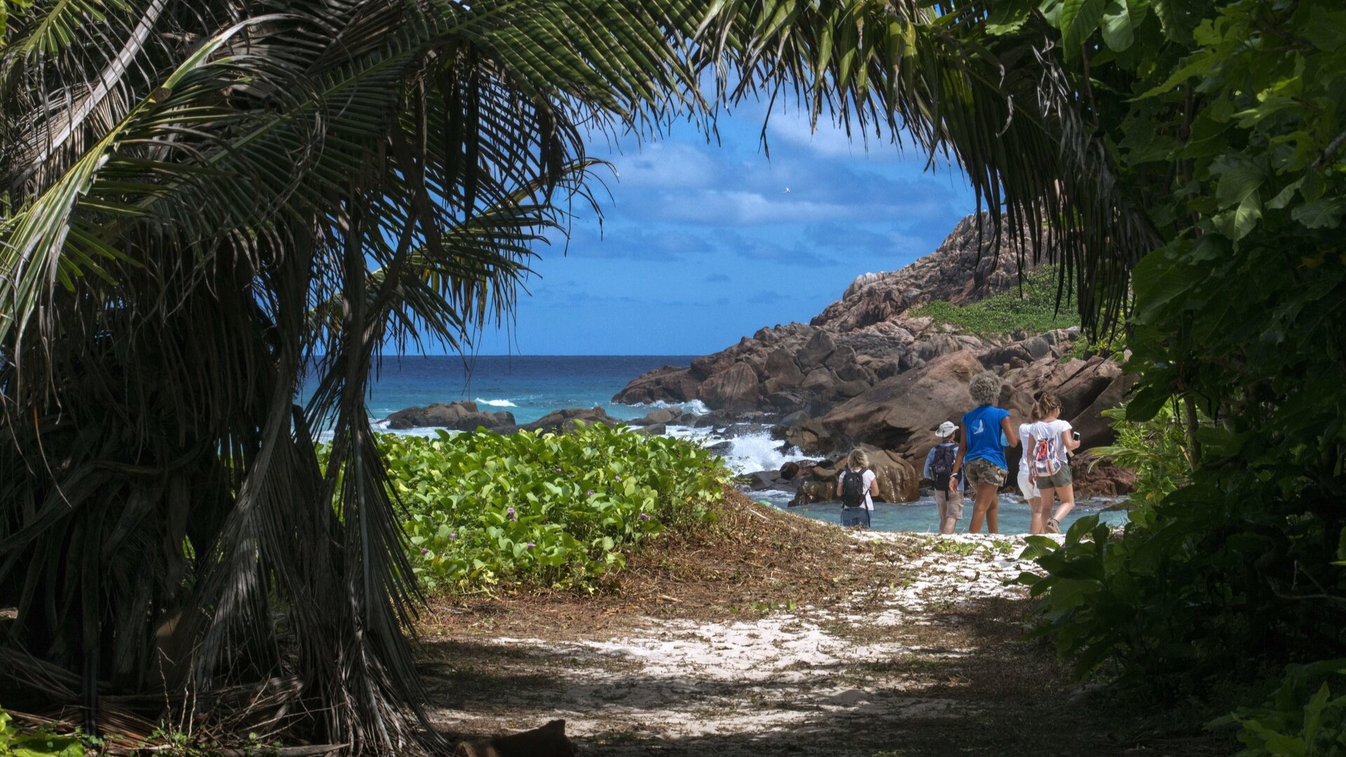 Туристы на живописном острове Арид, Сейшелы.